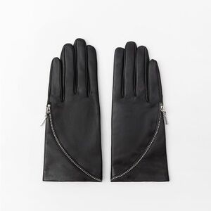 Zara Black Leather Gloves with Silver Zipper Detail